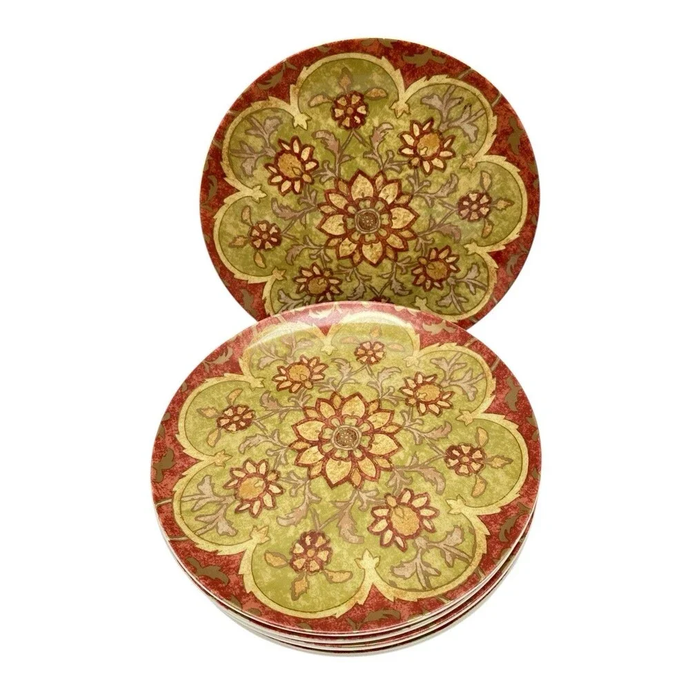 Set 6 POTTERY BARN Red Medallion 7 1/4” Porcelain Floral Dessert Salad Plates